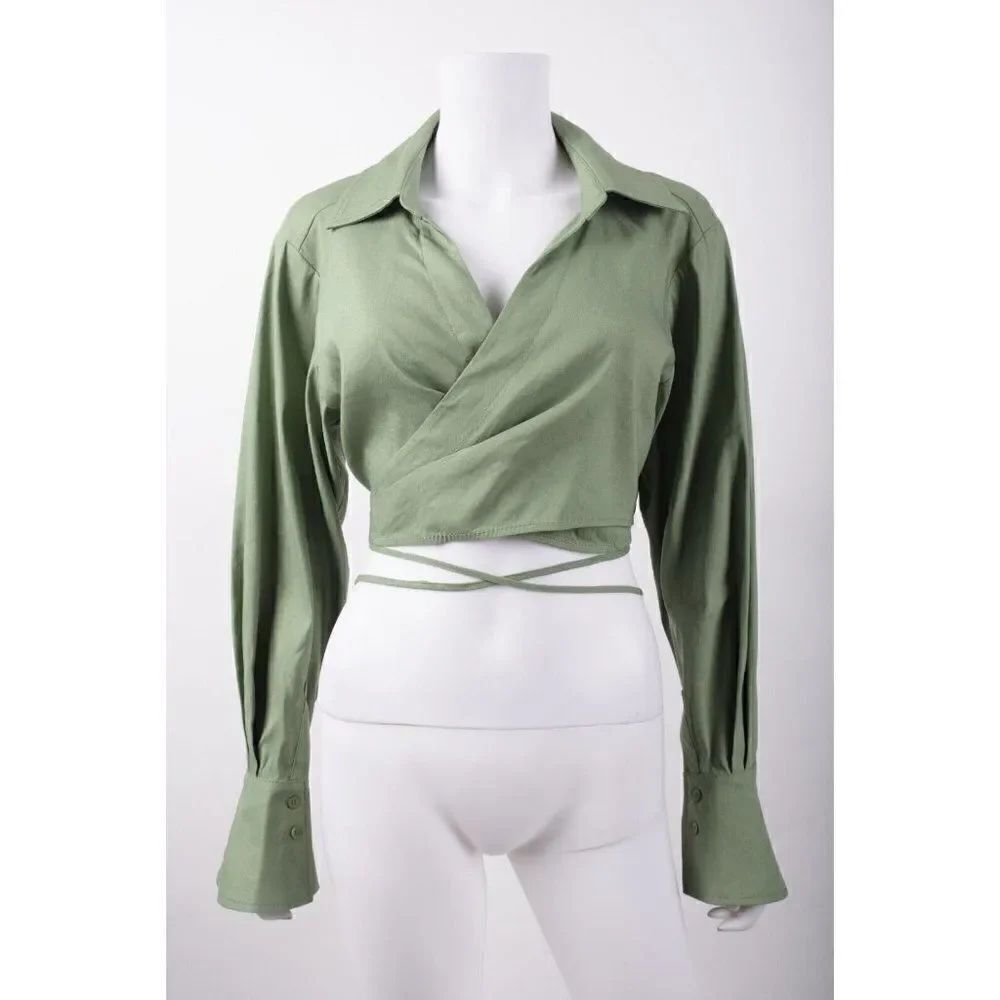 Jonathan Simkhai Womens Sonoma Wrap Shirt Crop Top Linen Sz 6 Green NWT